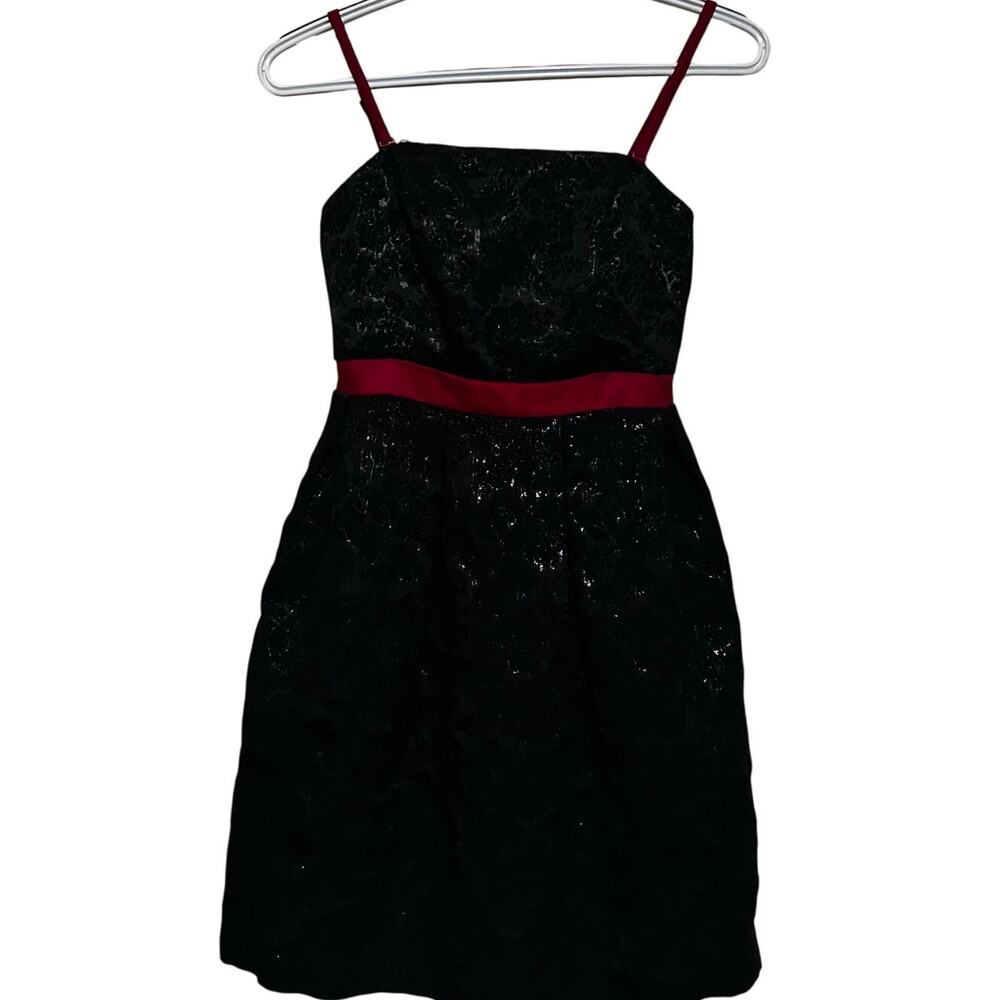 Eric + Lani Juniors‎ Black Shiny Dress Red Waist Band & Spaghetti Straps Size XS